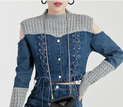 スタイルアップ効果抜群 デニム 高見えデザイン トップスⅹミニスカートセットアップE-9160