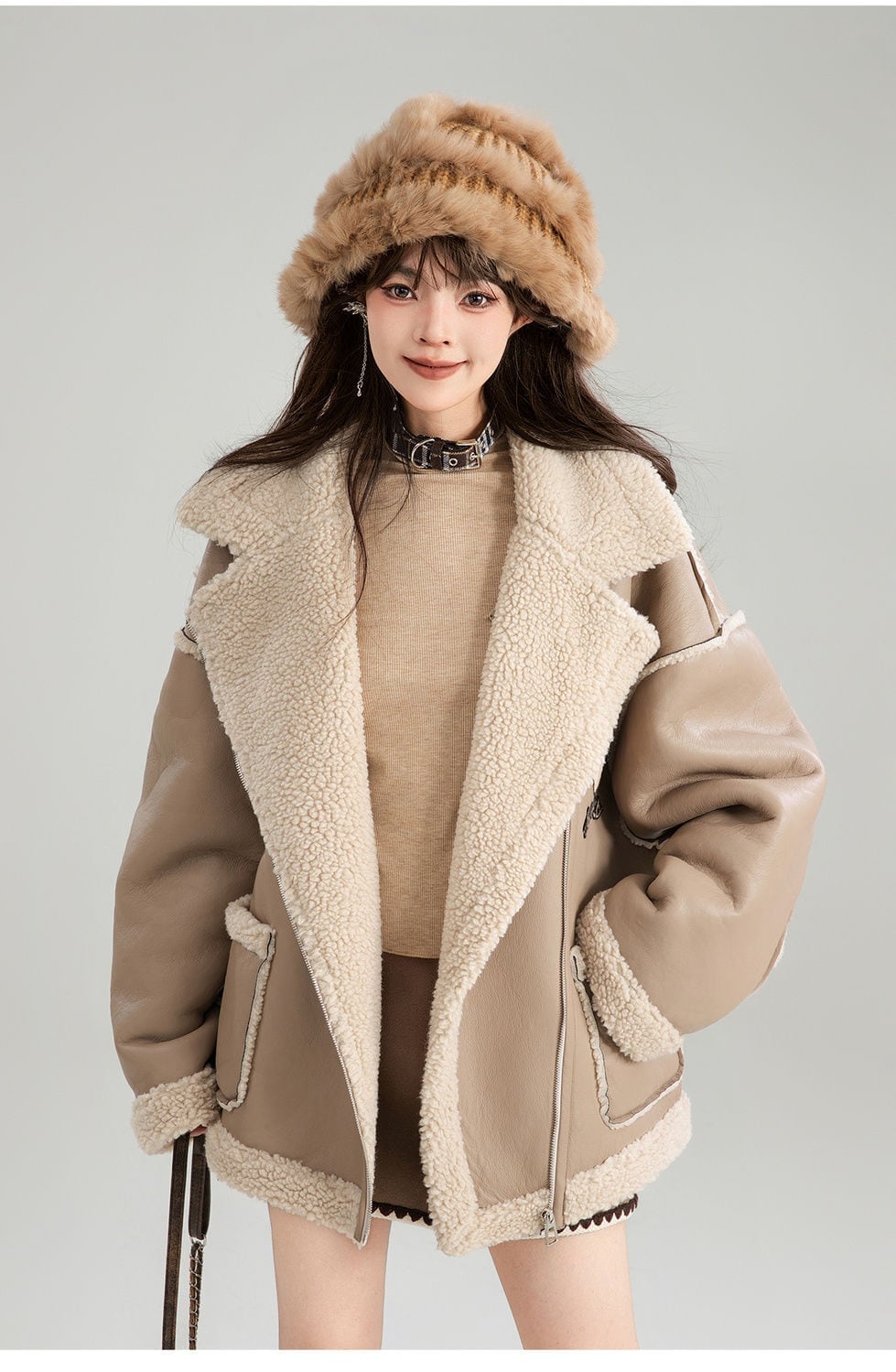 高級感溢れる 革ファッション厚い暖かいフェイクシャーリングジャケットコート ファッション感満々 E-9884