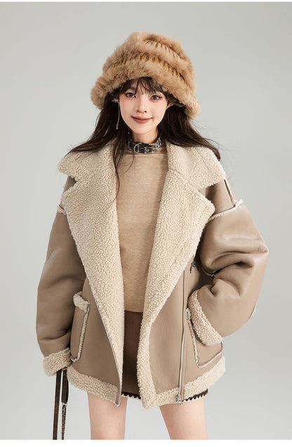 高級感溢れる 革ファッション厚い暖かいフェイクシャーリングジャケットコート ファッション感満々 E-9884