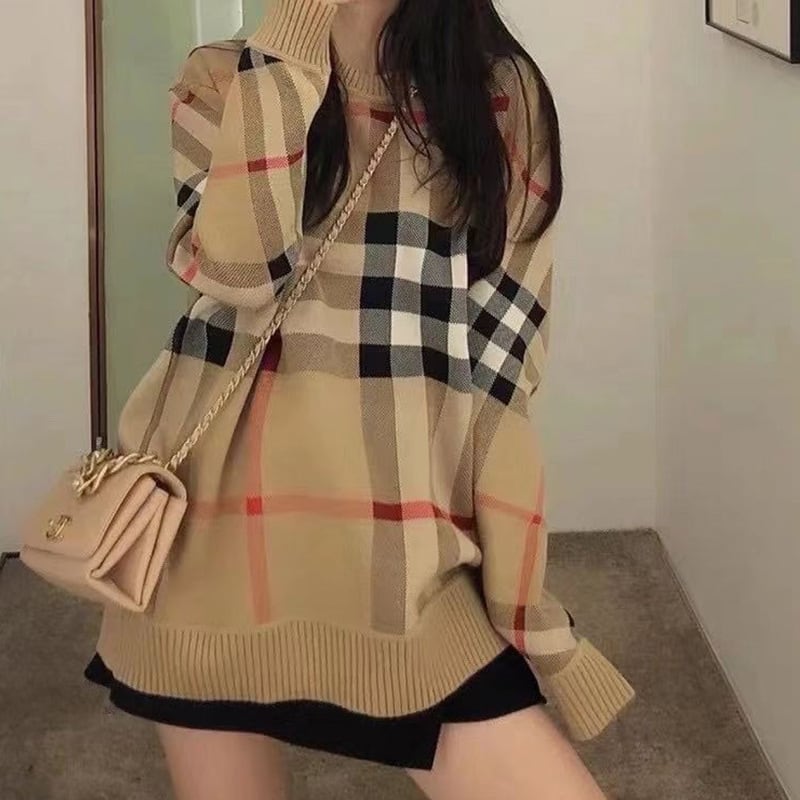 レトロ オシャレ度満点 ラウンドネック チェック柄 長袖  ニット セーターE-2530