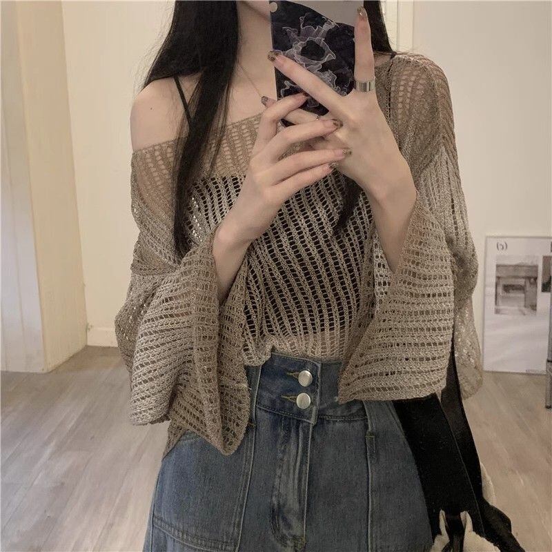 韓国風ファッション 透かし彫り 柔らかくて優しい印象 ニットトップスE-9153