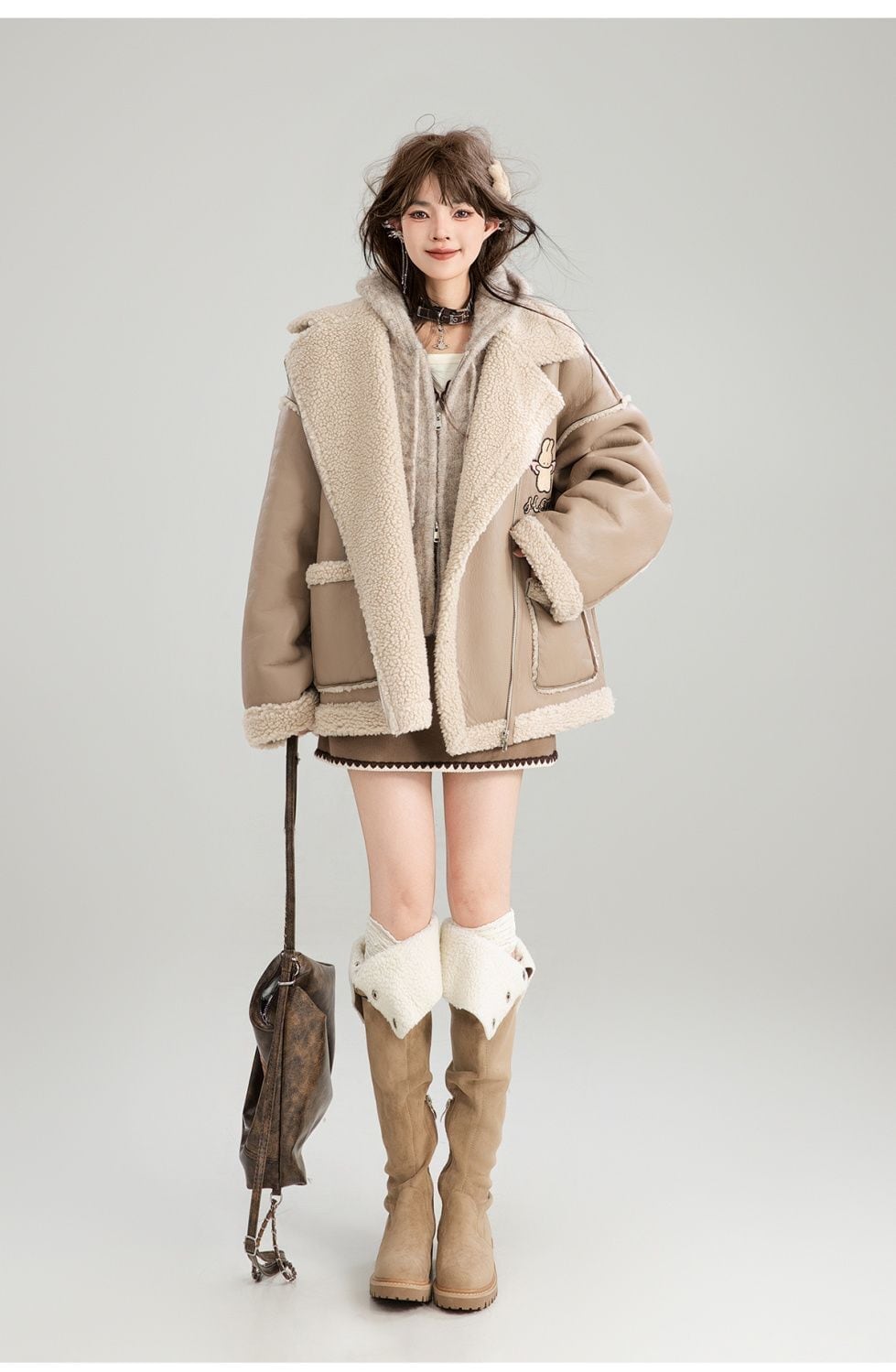 高級感溢れる 革ファッション厚い暖かいフェイクシャーリングジャケットコート ファッション感満々 E-9884