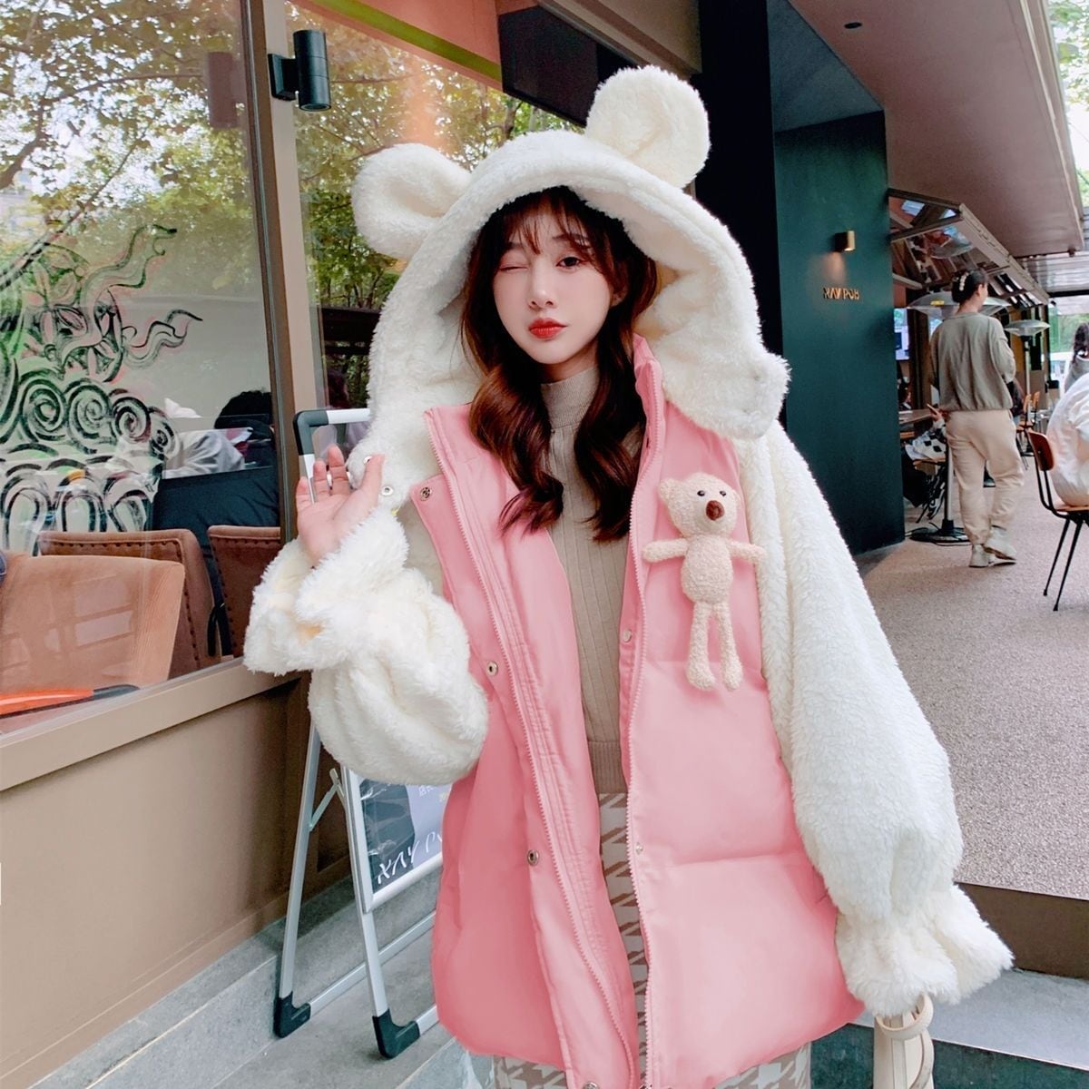 美人度アップもこもこボア厚手 3色 アニマルパーカー もこもこパーカーコートE-12384