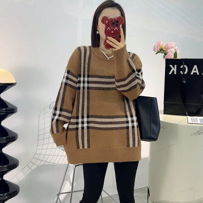 新作 着?せ厚手ゆったりニットセーター カーキ色トップスiEf-4597