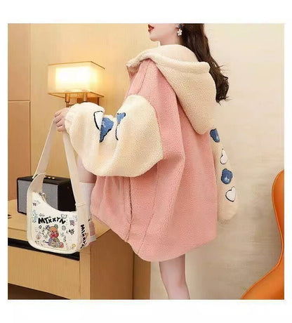 売り切れ必至 カジュアル 快適トップス 刺繍 切り替え 2色選択 ラムフリース コート ボアジャケットE-9766