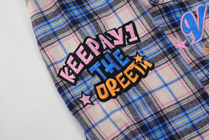 存在感抜群 カジュアル トレンドアイテム チェック柄 刺繍 全2色 シャツ E-9163