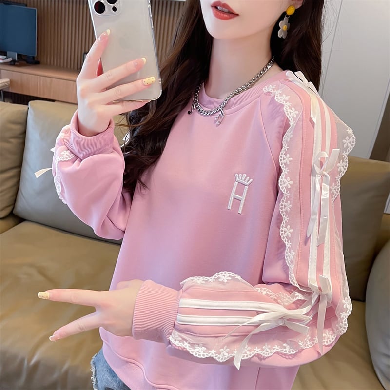 超人気 スウィート ファッション感満々 刺繍 切り替え 3色選択 スウェットE-9294