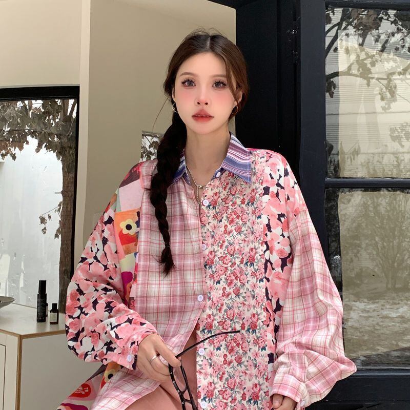 スタイルアップ効果抜群 切り替え カジュアル チェック柄 全2色 シャツ E-9177