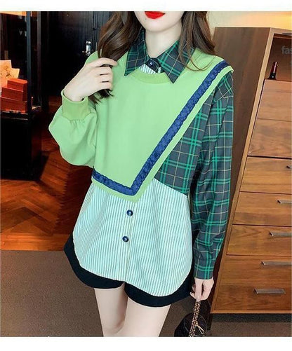 デザイン性抜群 切り替えスウェット レイヤード風 グリーントップスE-4120