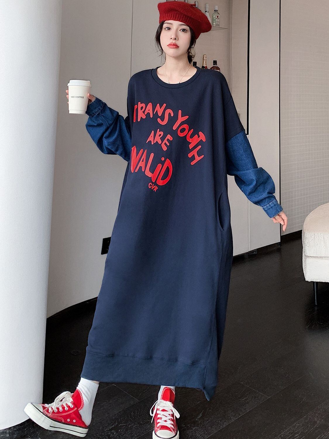 質感のいい デニム プラスベルベット長袖 ニット セーター E-10357