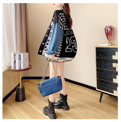 都市ファッショ デザイン オシャレ デニム切り替え 全2色 ニットカーディガンE-9377