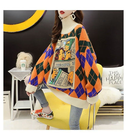 超人気配色チェック柄グラフィックロゴニットセーターハイネック3色ありE-4328