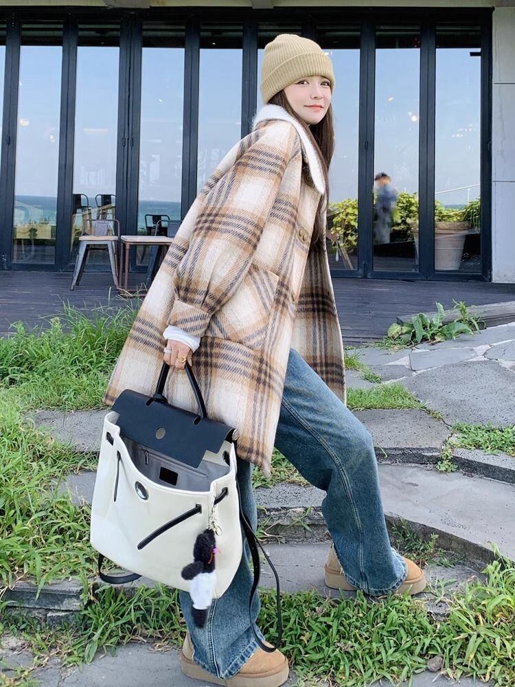 絶対欲しい チェック柄 高級感溢れる 2色選択 ミドルレングス コート E-9740