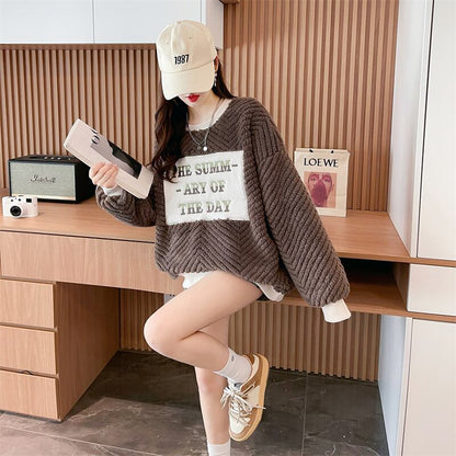 流行新作 美人度アップ 目を奪われる スタイルアップ カジュアル 2色選択 厚手のフリーススウェットシャツE-9822