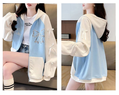 絶対流行 スウィート スタイルアップ スパンコール切り替え 2色選択 パーカー トレーナー レディース フード付き カーディガン E-9420