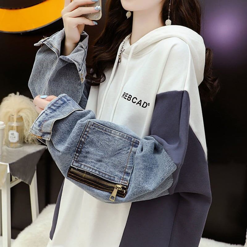 【人気急上昇中】売れ筋 切り替え デニム ゆったり フード付き パーカー E-2101