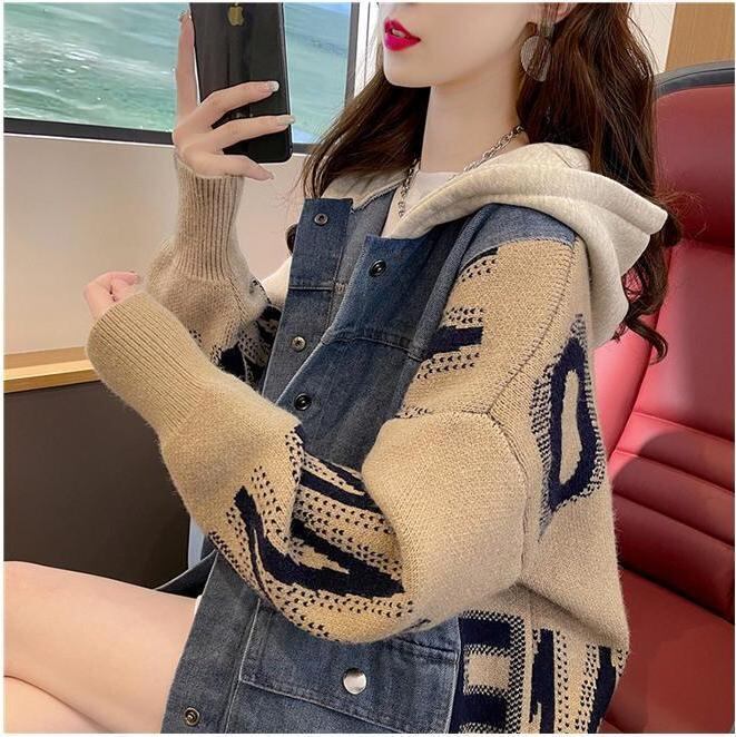 新作デニム切り替えニットフード付きパーカートップス全3色E-4321