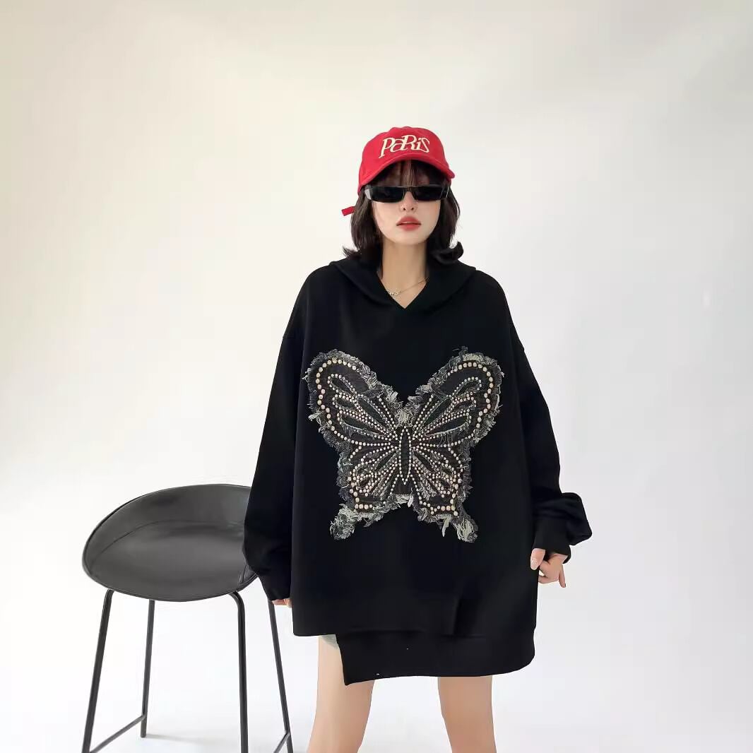 都市ファッショ デザイン オシャレ おしゃれ度高め 刺繍 ホットダイヤモンド カジュアル 3色選択 パーカーE-9290