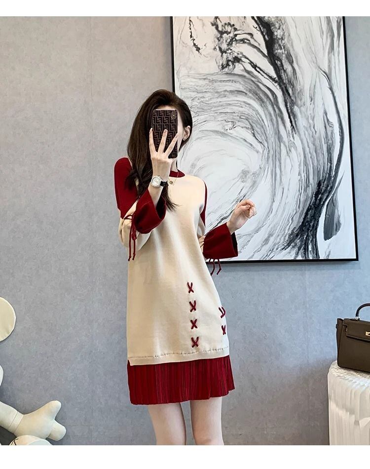 話題沸騰中 オシャレ 都市ファッショ デザイン 切り替え 2色選択可 ニットワンピース E-9722