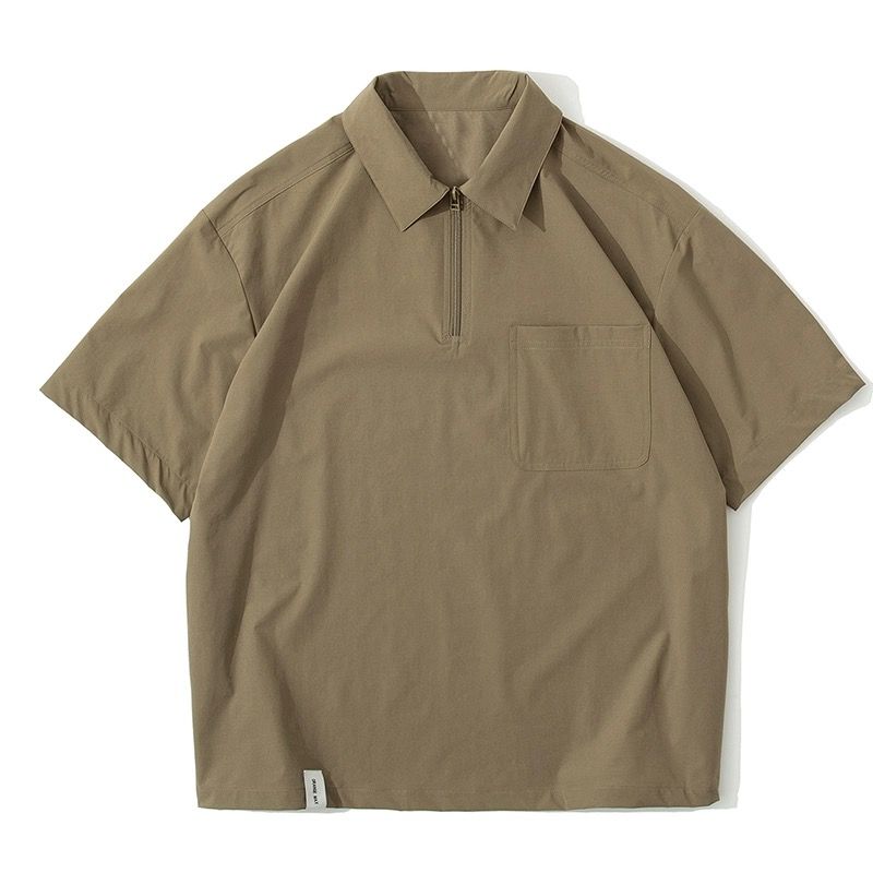 新作 ルーズシルエット ハーフジップ ポケット付き Tシャツ E-13134