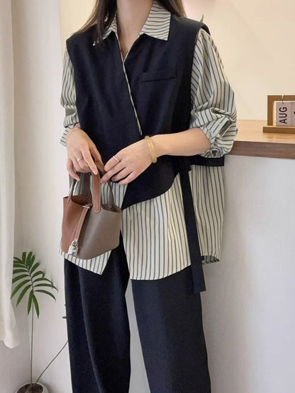 存在感抜群 レイヤード風 トレンドアイテム ストライプ柄 切り替え シャツ E-9555