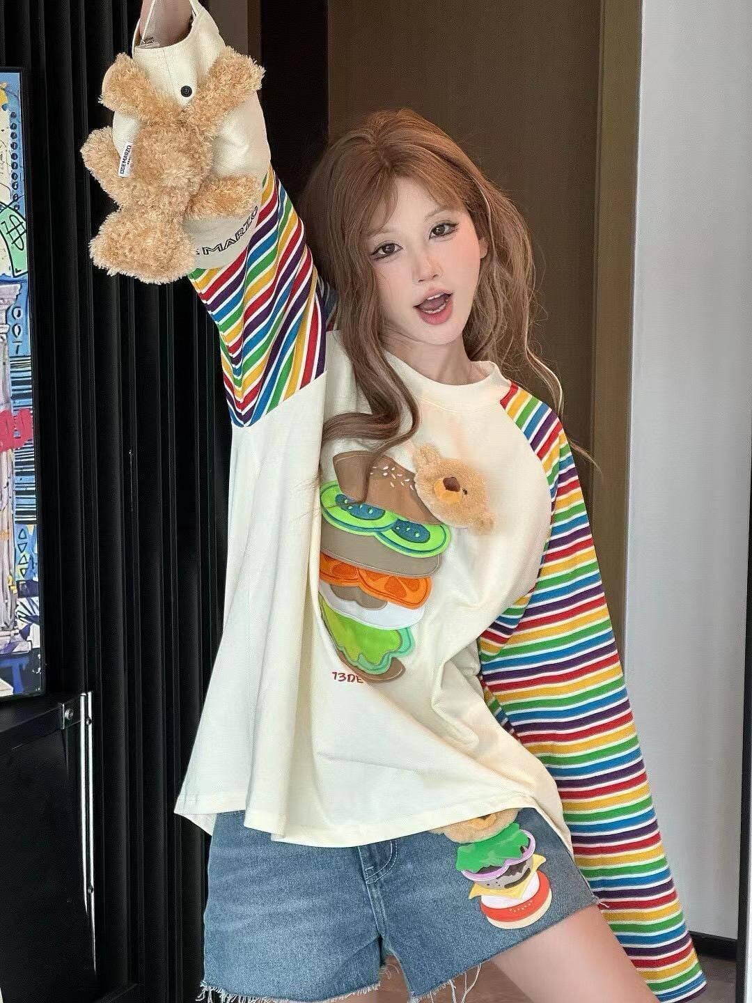 都市ファッショ デザイン オシャレ 大人可愛い 着心地良い プリント ストライプ柄 半袖TシャツE-9332