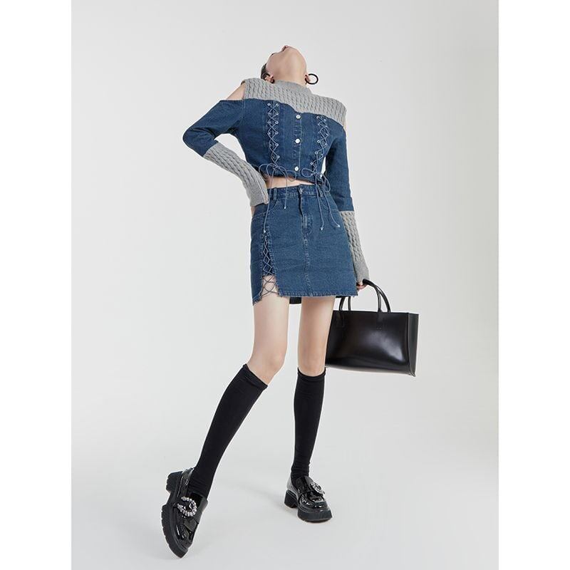 スタイルアップ効果抜群 デニム 高見えデザイン トップスⅹミニスカートセットアップE-9160