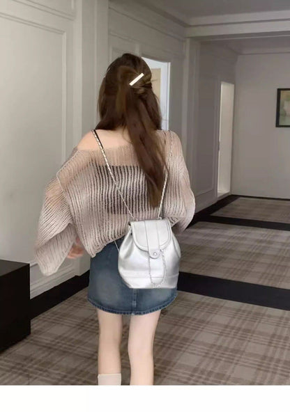 韓国風ファッション 透かし彫り 柔らかくて優しい印象 ニットトップスE-9153