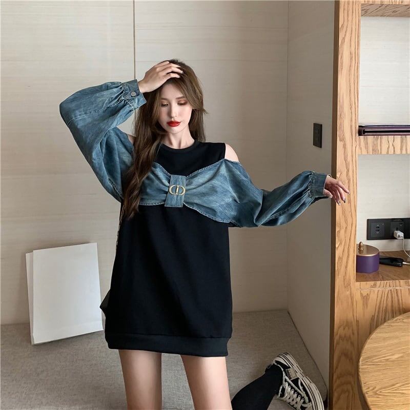 スタイリッシュ ラウンドネック 一目惚れ 切り替え 蝶結び スウェット パーカーE-2849