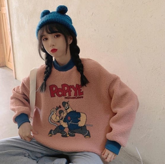 韓国系ふわふわグラフィックロゴボアスウェットトップス全2色E-4208