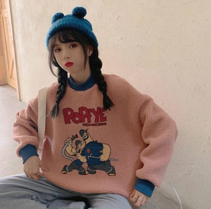 韓国系ふわふわグラフィックロゴボアスウェットトップス全2色E-4208