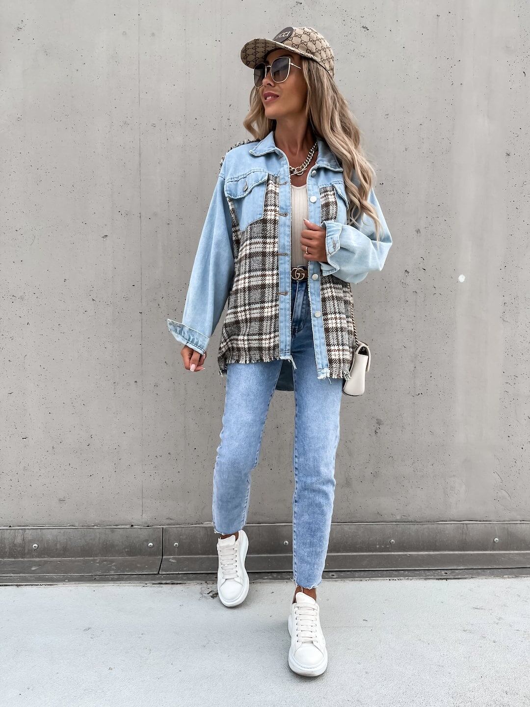 絶対流行 ファッション 活躍する優秀アイテム チェック柄 切り替え デニム Tシャツ E-9264