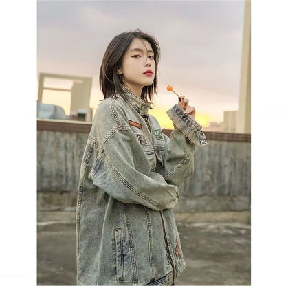 絶対流行 スタンドネック 高見えデザイン 男女兼用 デニム ジャケット ゆったり コートE-9312