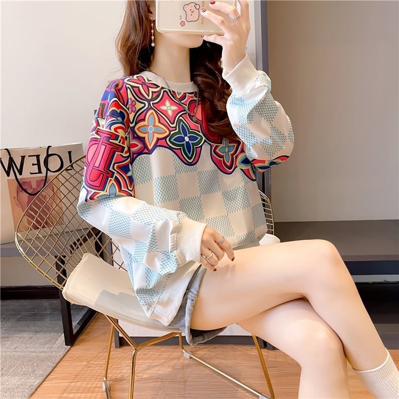 スタイリッシュ ラウンドネック 女性力を高める プリント スウェット パーカーE-2791