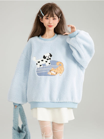 存在感抜群 暖かい服,ゆったりとしたアウターウェア トレンドアイテム ラムスウェットシャツE-9961