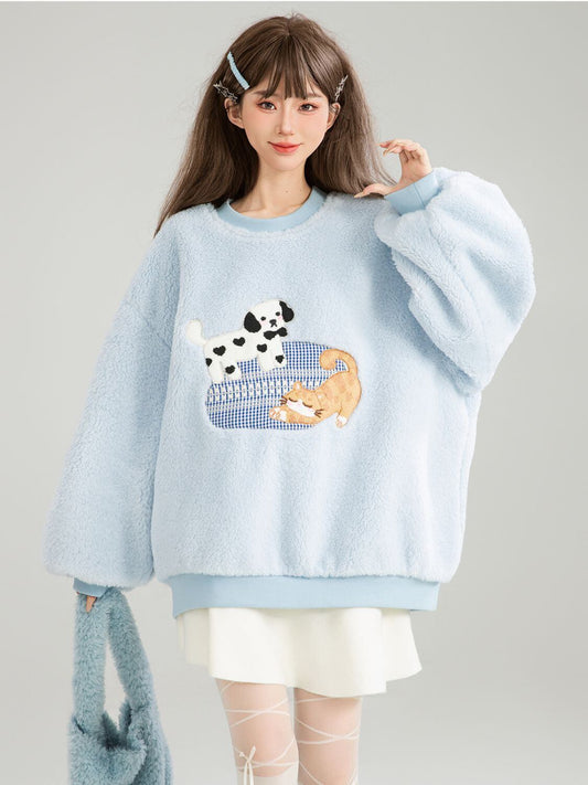 存在感抜群 暖かい服,ゆったりとしたアウターウェア トレンドアイテム ラムスウェットシャツE-9961