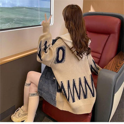 新作デニム切り替えニットフード付きパーカートップス全3色E-4321