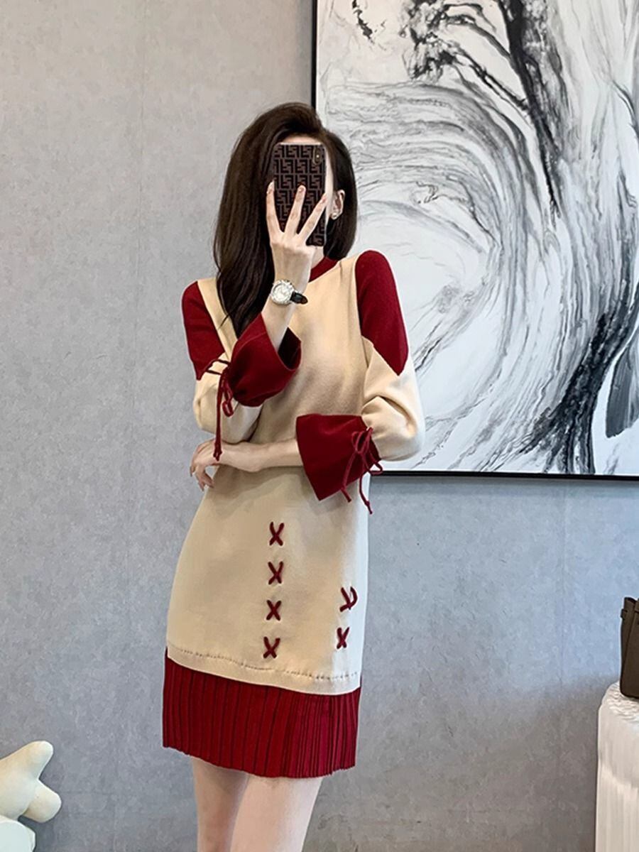 話題沸騰中 オシャレ 都市ファッショ デザイン 切り替え 2色選択可 ニットワンピース E-9722