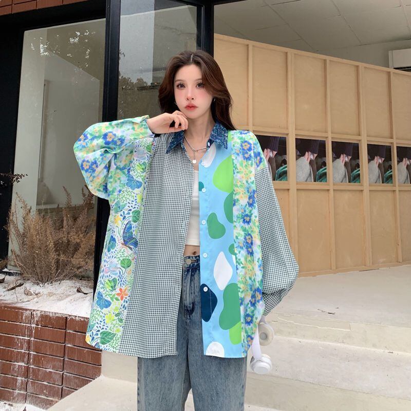 スタイルアップ効果抜群 切り替え カジュアル チェック柄 全2色 シャツ E-9177