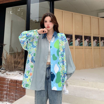 スタイルアップ効果抜群 切り替え カジュアル チェック柄 全2色 シャツ E-9177