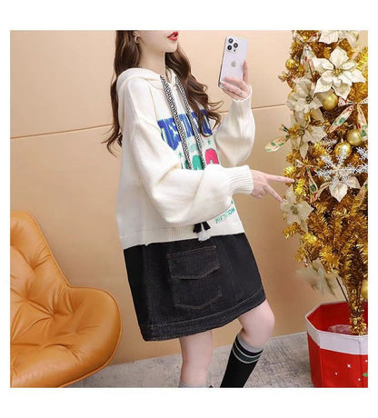 着?せアルファベットロゴ切り替えデニムゆったりロングニットパーカー全2色E-4392