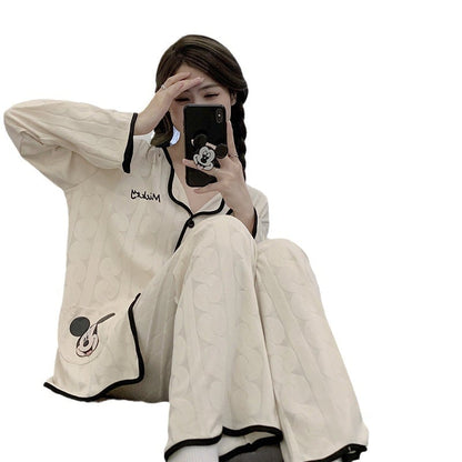 質感のいいホワイト長袖パジャマ2点セット   トップス+パンツセットE-4403