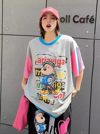 話題沸騰中 カジュアル  ゆったり プリント カラーマッチング 半袖Tシャツ＜ins-8067＞