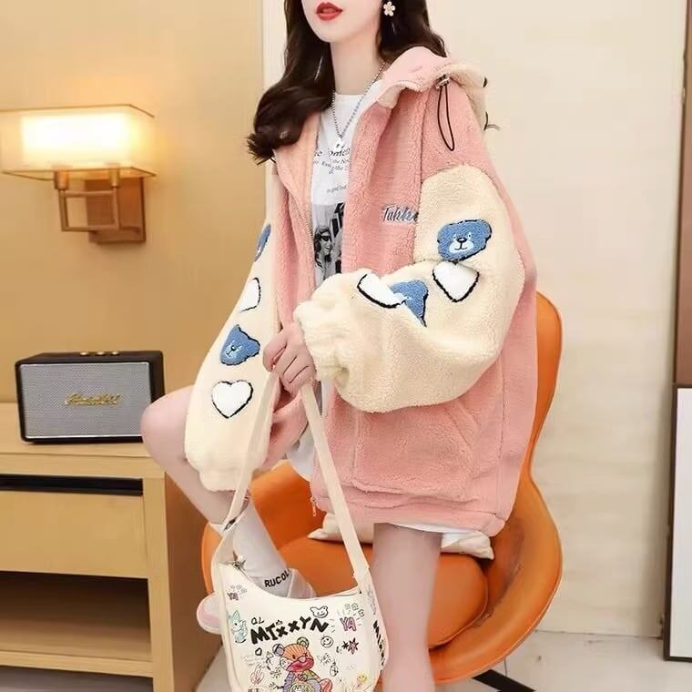 売り切れ必至 カジュアル 快適トップス 刺繍 切り替え 2色選択 ラムフリース コート ボアジャケットE-9766