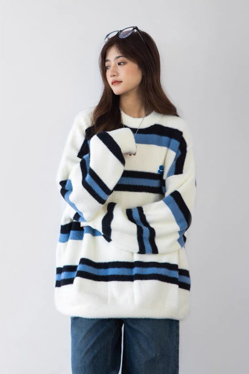 大活躍 カジュアル 柔らかくて優しい印象 ストライプ柄 2色選択ニットトップスE-9938