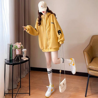 好感度UPアルファベットロゴボアフルジップパーカー 厚手トップス 全4色 E-4443