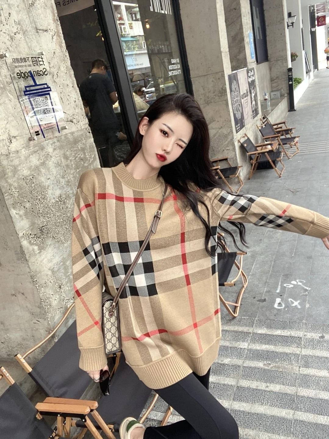 レトロ ラウンドネック オシャレ度満点 チェック柄 長袖 ニット セーターE-6808