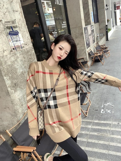 レトロ ラウンドネック オシャレ度満点 チェック柄 長袖 ニット セーターE-6808