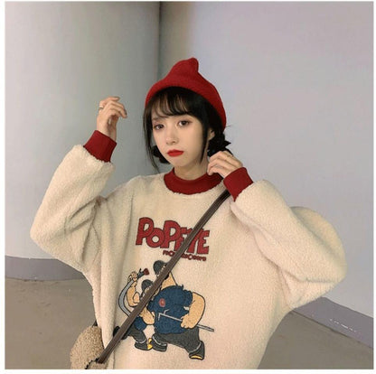 韓国系ふわふわグラフィックロゴボアスウェットトップス全2色E-4208