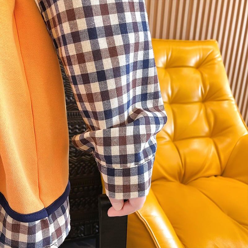 レイヤード風  チェック柄 ロングパーカ全3色トップスE-4803